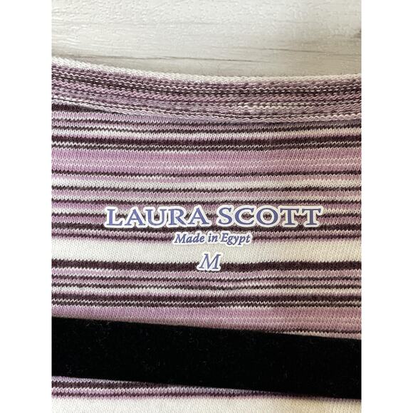 Laura Scott Shirt Womens Medium Purple White Striped 3/4 Sleeve Cotton Knit - Picture 6 of 9